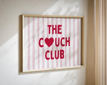 The Couch Club Print | Cozy Living Room Wall Art | Lazy Day Decor | Homebody Gift Poster | Red Stripes | Horizontal
