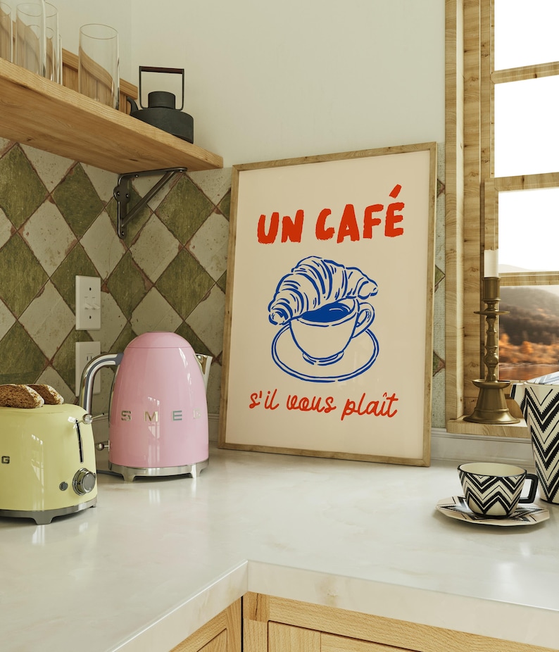 Un Cafe S'il Vous Plait Print | French Cafe Poster | Coffee and Croissant Wall Art | Parisian Kitchen Poster | Cafe Art Print image 1