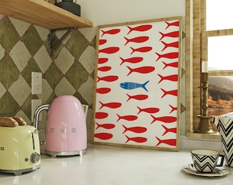 Stampa di sardine / Stampa di decorazioni costiere di metà secolo / Poster di pesce vintage / Stampa di illustrazioni di frutti di mare retrò / Bianco rosso blu