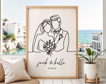 Custom Wedding Gift Print | Personalised Bride and Groom Outline Poster | Personalised Wedding Date Poster | Minimalist Couple Wall Art Gift