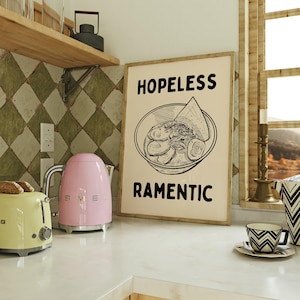 Hopeless Ramentic Print | Cute Ramen Lover Dinner Poster | Bistro Dining Poster | Kitchen Food Wall Art | Beige & Black