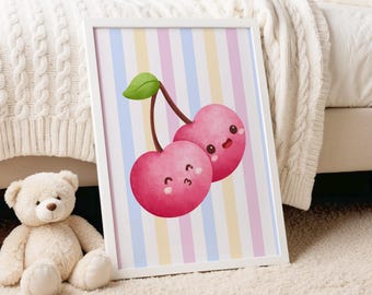 Cute Cherries Print | Kids Cherries Wall Art | Kawaii Fruit Print | Nursery Decor Poster | Kids Room Art