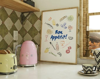 Eet smakelijk keukenprint | Franse foodieposter | Muurkunst in bistrostijl | Food Lover-poster | Wit en blauw