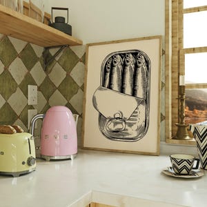 Tinned Sardines Watercolor Print | Sardines in a Tin Wall Art | Vintage Fish Can Poster | Retro Seafood Illustration Print | Black & Beige