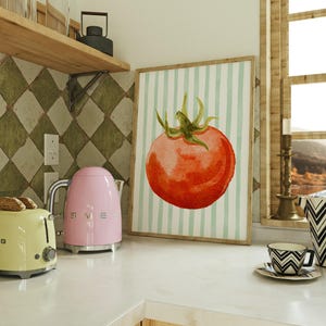 Tomato Print | Tomato Poster | Cute Tomato Wall Art | Foodie Poster | Retro Food Print | Farmer&#39;s Market Print | Green Stripes