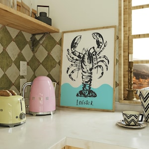 Lobster Poster | Lobster Print | Amalfi Style Seafood Print | Seafood Poster | Summer Food Wall Art | Blue White