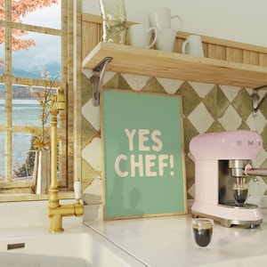 Yes Chef Print | Funny Kitchen Wall Art | Funny Kitchen Chef Poster | Green & Beige