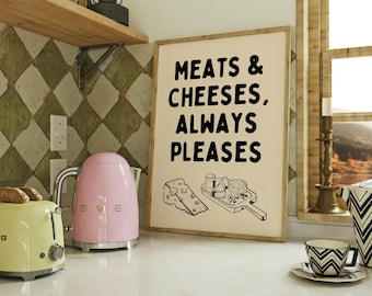 Afdrukken met vlees en kaas | Grappige kunst aan de muur vleeswaren | Keuken eetkamer print | Woondecoratie voor fijnproevers | Beige en zwart