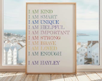 Gepersonaliseerde affirmaties voor kinderen afdrukken | Aangepaste poster met kinderbevestigingen | Muurkunst met vriendelijke, moedige dagelijkse affirmaties