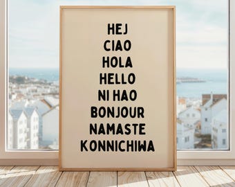 Bonjour poster en différentes langues | Bonjour, différentes langues Imprimer | Beige et noir