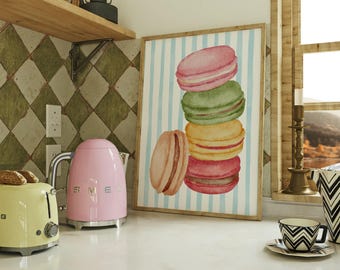 French Macarons Print | Watercolor Dessert Wall Art | French Patisserie Print | Colorful Kitchen Decor For Cafe | Blue Stripes