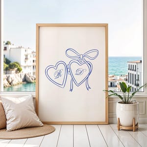Custom Couples Initial Locket Print Poster | Personalised Romantic Heart Locket Wall Art | Valentine&#39;s Day Couple Poster | Blue
