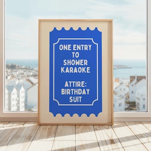Karaoke Ticket Poster | Lustig Dusche Karaoke Ticket Druck | Badezimmer Wand Kunst | Geburtstagsanzug Druck | Duschgesang | Blau & Weiß