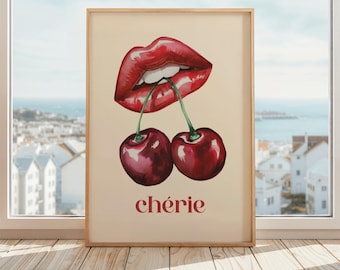 Chérie Cherry Lips Poster | French Aesthetic Wall Art | Bold Feminine Print | Unframed Modern Decor for Bedroom or Living Room