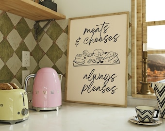 Afdrukken met vlees en kaas | Grappige kunst aan de muur vleeswaren | Keuken eetkamer print | Woondecoratie voor fijnproevers | Beige en zwart