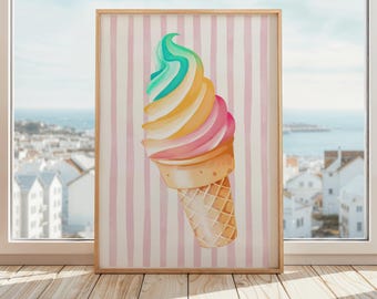 Impresión de helado / Póster de postre de verano / Impresión de cono de waffle de acuarela / Decoración de cocina de dulces / Linda ilustración de helado