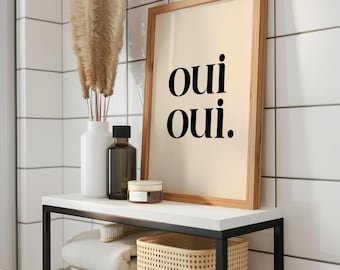 Oui Oui Print | French Quote Poster | Cheeky Toilet Poster | Minimalist Decor | Paris Style Powder Room Humor | Beige & Black