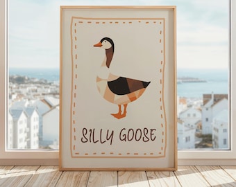 Silly Goose Print | Funny Goose Wall Art for Kids or Kitchen | Whimsical Farmhouse Animal Print | Cute Rustic Cottage Core Poster