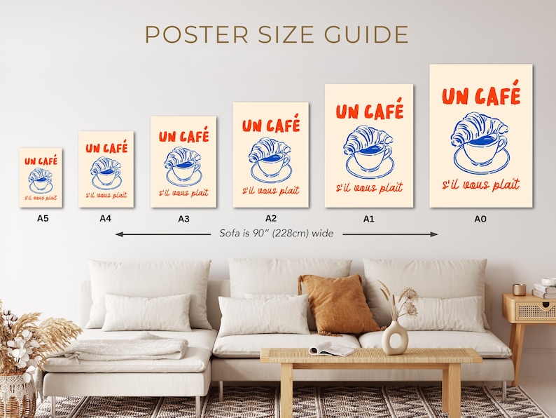Poster Size Guide Art, French Cafe Wall Decor, Coffee Shop Poster, Retro Coffee Art Print, Kitchen Wall Art, Cafe Poster