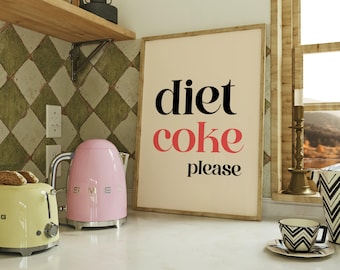 Diet Coke Please Poster | Diet Coke Club Print | Funny Typography Wall Art | Beige & Black Red