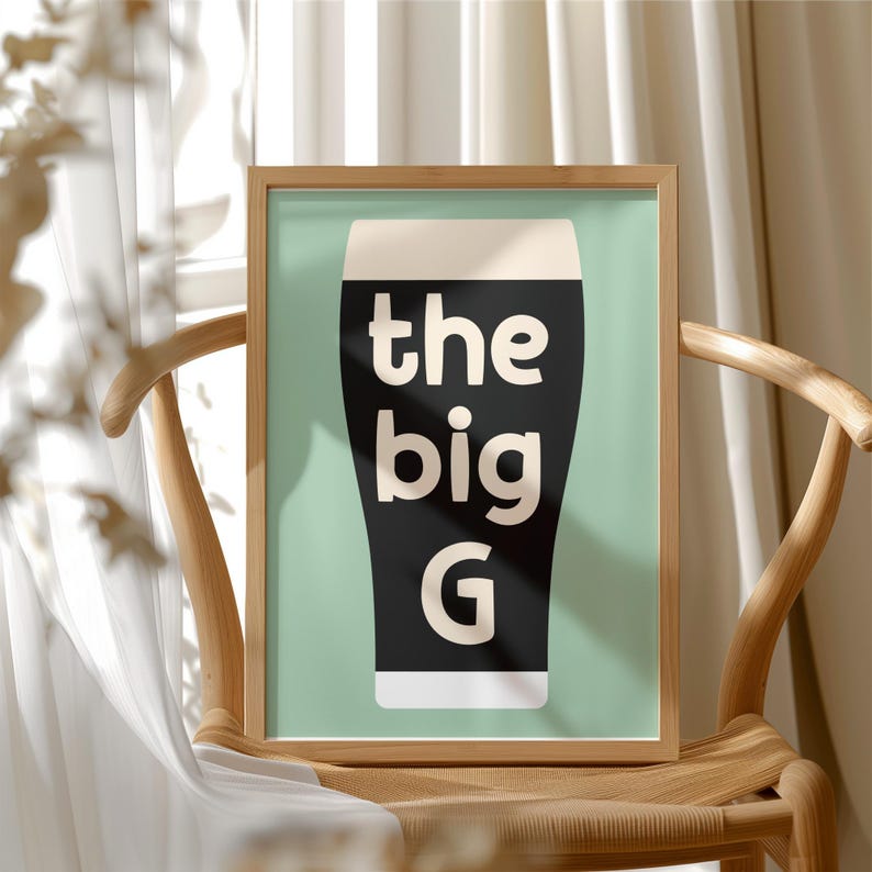 The Big G wall art, beer pint poster, modern home decor, kitchen wall print, unique art gift, retro style print, man cave decor