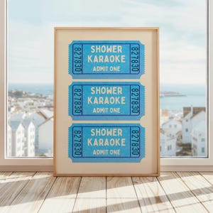 Karaoke Ticket Poster | Lustig Dusche Karaoke Ticket Druck | Badezimmer Wand Kunst | Geburtstagsanzug Druck | Duschgesang | Blau & Beige