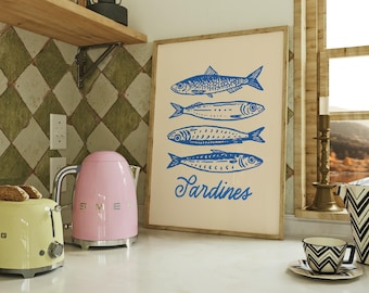 Stampa di sardine / Arte murale di sardine / Stampa di cucina costiera / Arte murale di pesci nautici / Poster di frutti di mare in una casa sulla spiaggia / Poster rustico di sardine