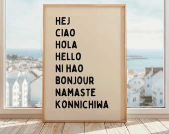 Bonjour poster en différentes langues | Bonjour, différentes langues Imprimer | Beige et noir
