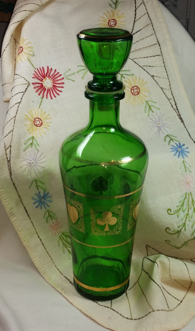 Vintage Green Glass Decanter with Gold Playing Card Emblems Etsy