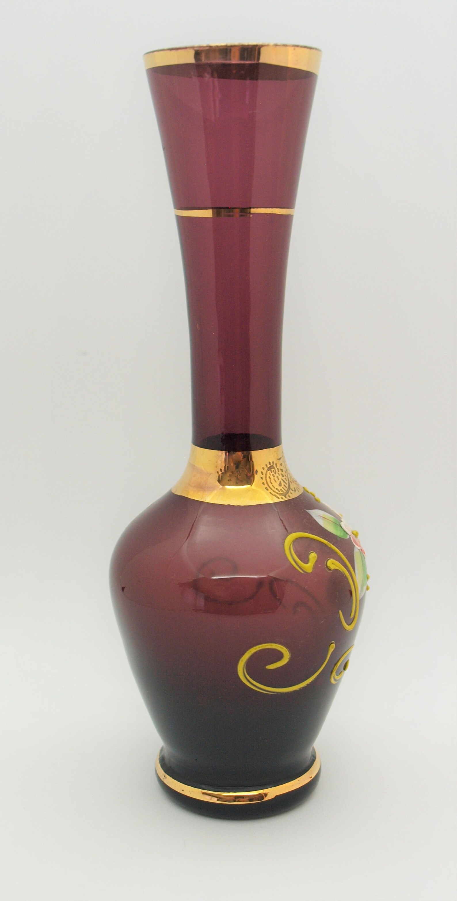 Vintage Burgundy Glass Vase w/ Handpainted Enamel Flowers and | Etsy