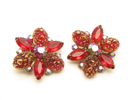 Dazzling Judy Lee Clip Earrings Red AB Rhinestone Flower and Leaves ~ 1950s Vintage ~ Wedding Prom Jewlery