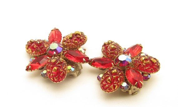 Dazzling Judy Lee Clip Earrings Red AB Rhinestone Flower and Leaves ~ 1950s Vintage ~ Wedding Prom Jewlery