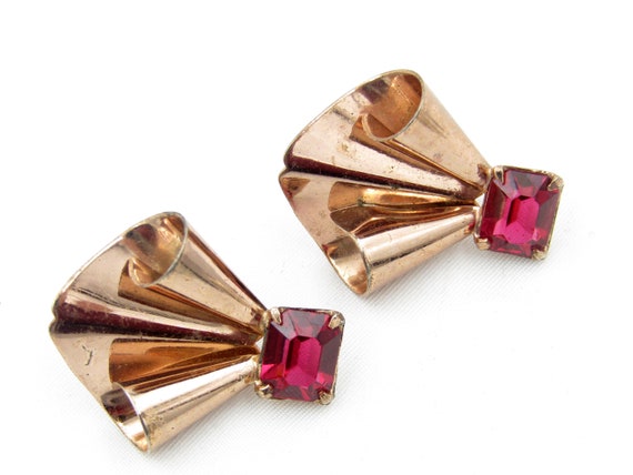 Sterling/Copper Fan Style Rhinestone Earrings - image 2