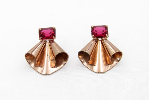 Sterling/Copper Fan Style Rhinestone Earrings - image 1