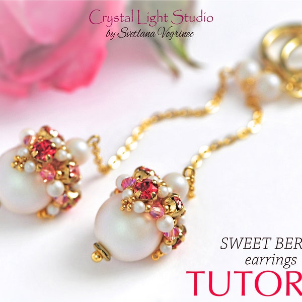 Seed bead earrings pattern pdf instant download, Swarovski pearl beading pattern, Beaded bead, DIY earrings, SWEET BERRY