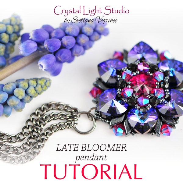 Flower bead pattern, Pdf beading pattern, Seed bead necklace pattern, Beadweaving tutorial, Swarovski rivoli bezel