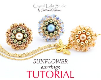 Beaded earrings pdf beading patterns, Seed bead earrings pattern, Bead flower beadwork tutorial, Swarovski bead weaving pattern - SUNFLOWER