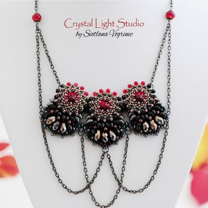 Statement embroidered ruby necklace, Swarovski beaded necklace black red, Bead embroidery necklace, Bohemian necklace gift idea