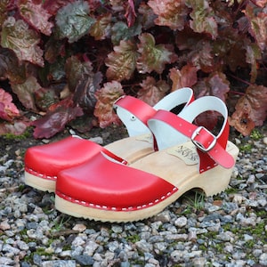 May include: A pair of red clogs with white stitching and ankle straps. The clogs have a wooden sole and a leather upper. The straps are red with silver buckles. The clogs are sitting on a bed of small rocks with green moss.