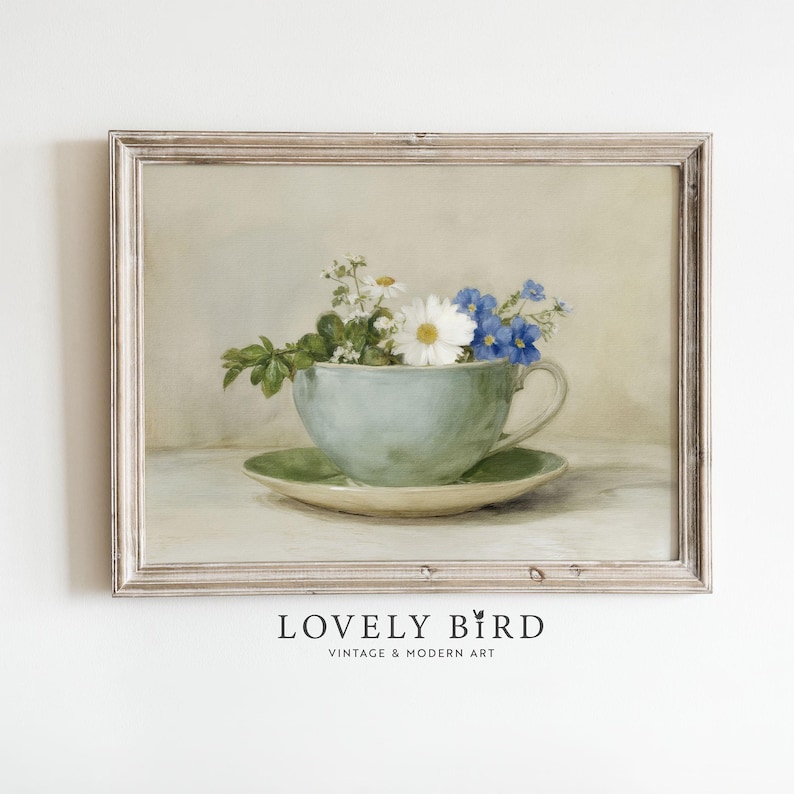 Cottagecore Flower Still Life Print, Vintage Teacup Kitchen Wall Art ...