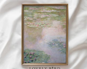 Arte mural vintage de estanque de nenúfares, estampado floral impresionista cottagecore, decoración serena con nenúfares