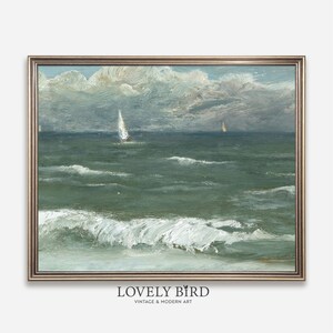 Arte de pared para sala de estar costera para imprimir, descarga digital de impresión vintage del océano, póster de velero de casa de playa, pintura de cocina de cabaña moderna