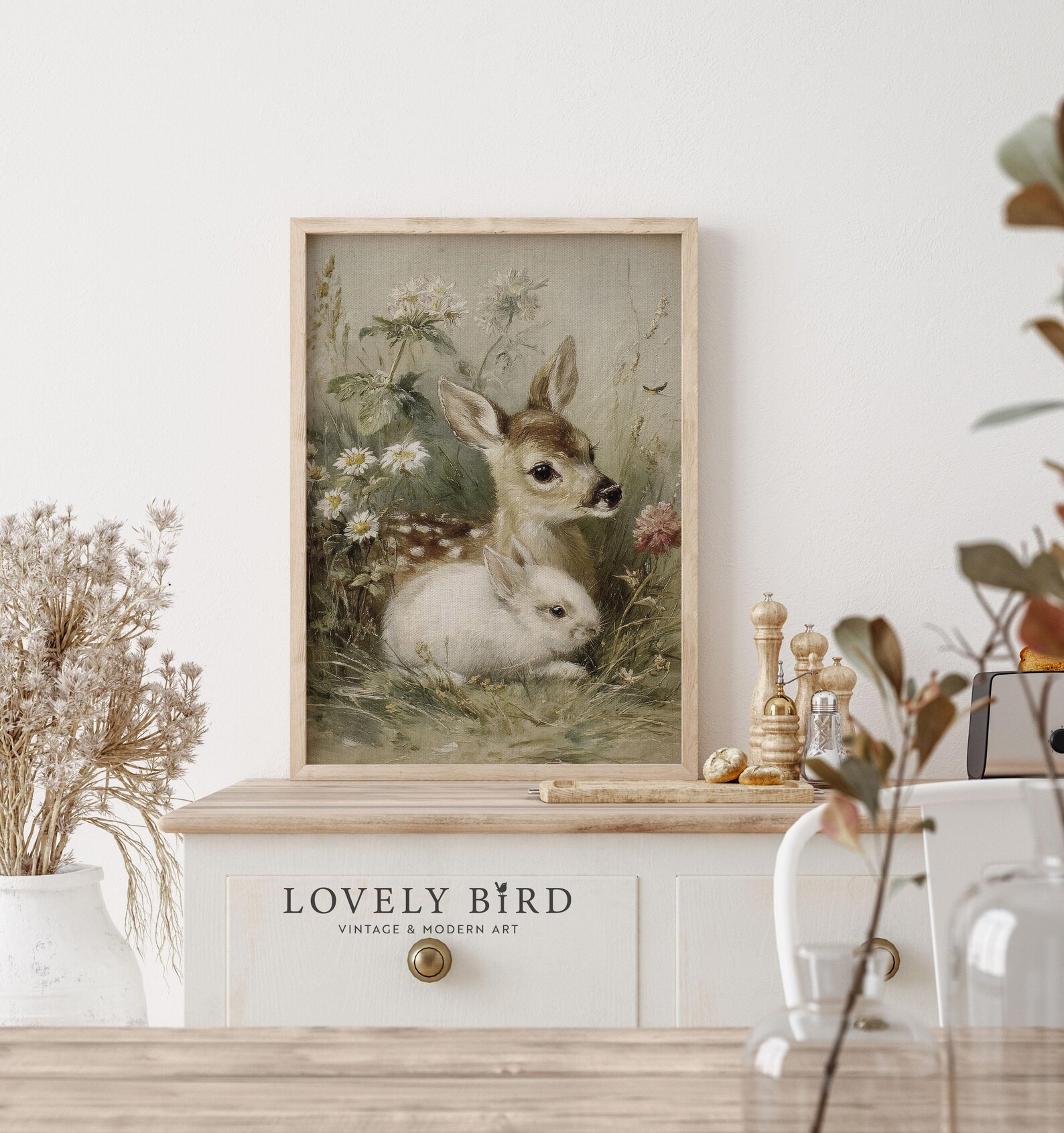 Vintage Fawn Bunny Art Print, Floral Spring Farmhouse Wall Decor, Girls ...