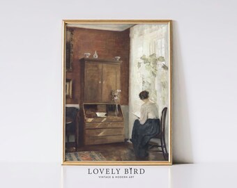 Vintage Reading Woman Painting | Warm Brown Interior Scene | Portrait Wall Art Print | PRINTABLE Digital Download | 0181