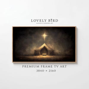 Peut inclure: Impression numérique encadrée représentant une scène de la nativité avec une étoile brillante au-dessus d'une étable lumineuse. L'œuvre d'art a une esthétique vintage avec le texte "LOVELY BIRD" et "PREMIUM FRAME TV ART". La résolution est de 3840 x 2160.