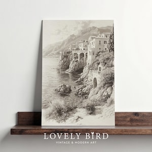 Amalfiküste Wand Kunst Zeichnung, Vintage italienische Landschaft Skizze, moderne Küche Poster Druck DIGITALER Download, italienische Küste druckbare Kunst