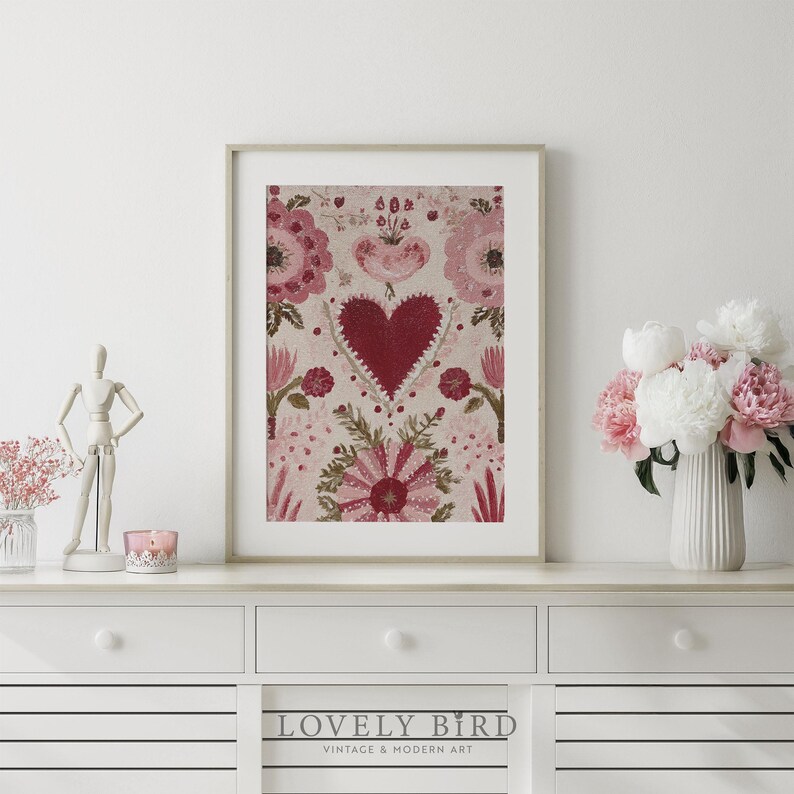 Romantic Valentine Flower Heart Print, Floral Love Pattern Painting ...