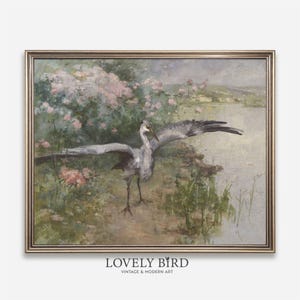 Heron Landscape Print DIGITAL Download, PRINTABLE Vintage Bird Wall Art, Lake House Living Room Decor, Floral Farmhouse Kitchen Poster #650