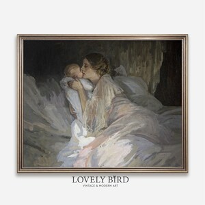母と子の絵画 デジタルダウンロード、ヴィンテージ寝室壁掛けプリント、印刷可能な保育園用ダウンロードアート、ベッドの上の横長 #783