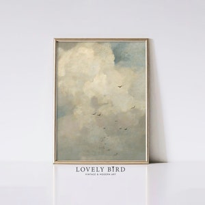 Impresión de pintura digital vintage de nubes, descarga instantánea, decoración de pared de cabaña, arte de sala de estar sobre el sofá, cielo apagado con pájaros volando n.° 934